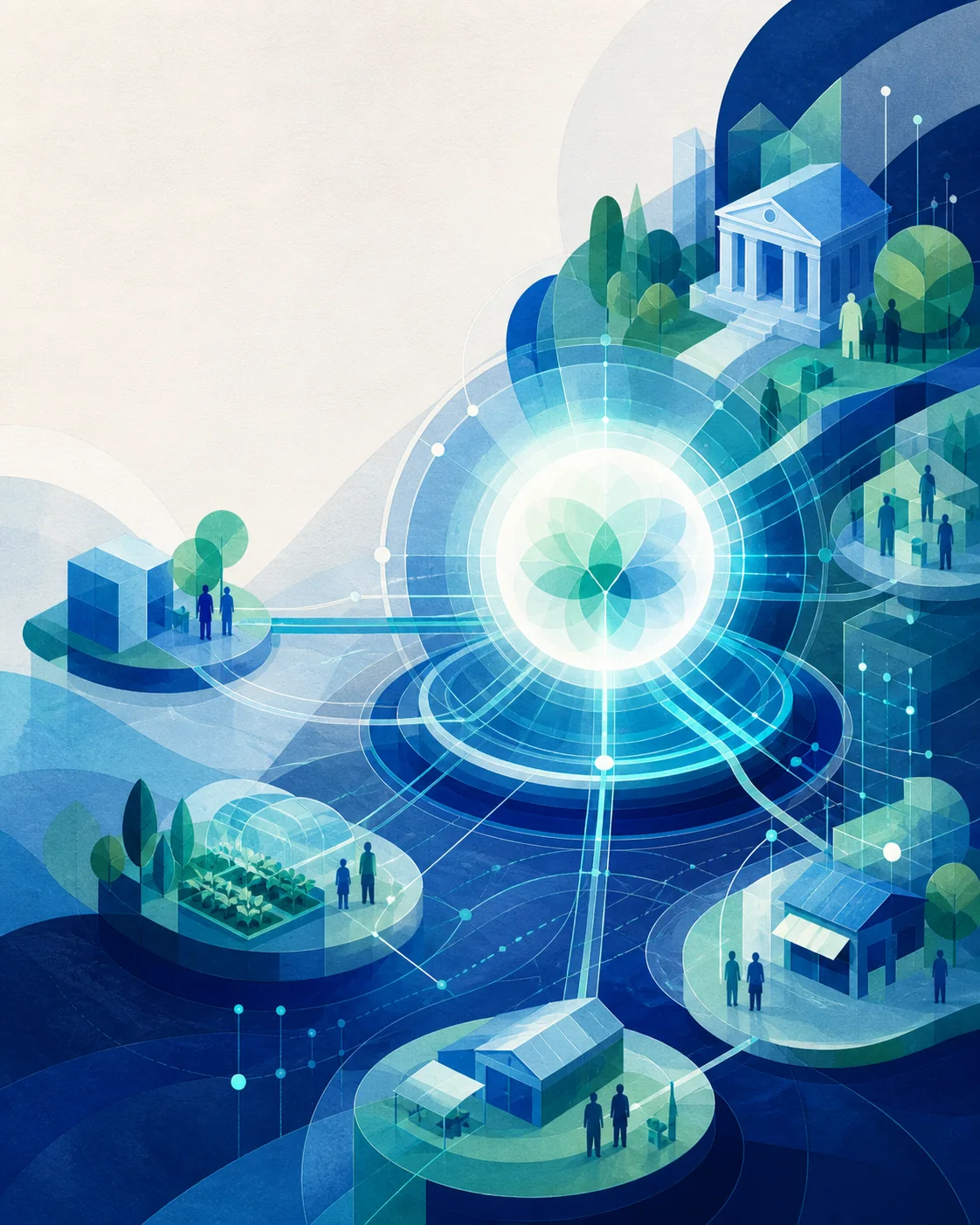 An illustrated network connecting people, institutions, local assets, and digital systems around shared value